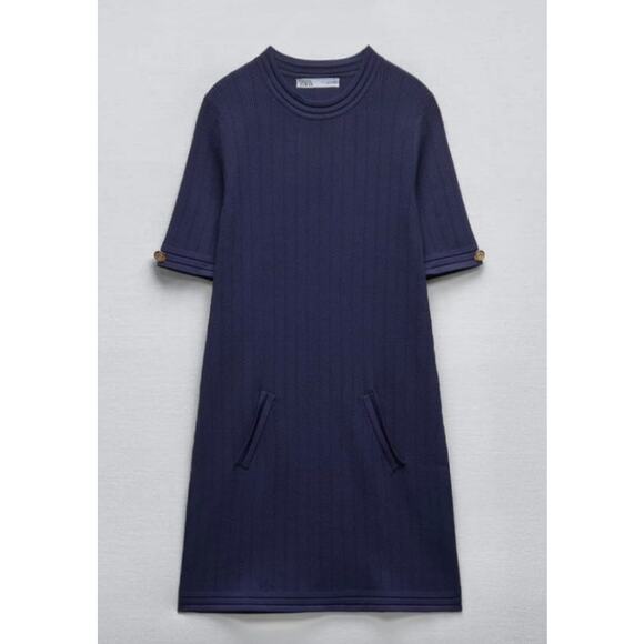 EUC Zara Knit Mini Dress with Gold Buttons in Navy Blue Women's XL - Picture 2 of 11